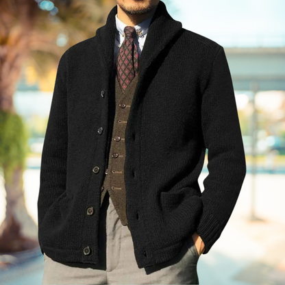 Men's shawl collar knit cardigan classic fit with button closure and side pockets lightweight wool blend
