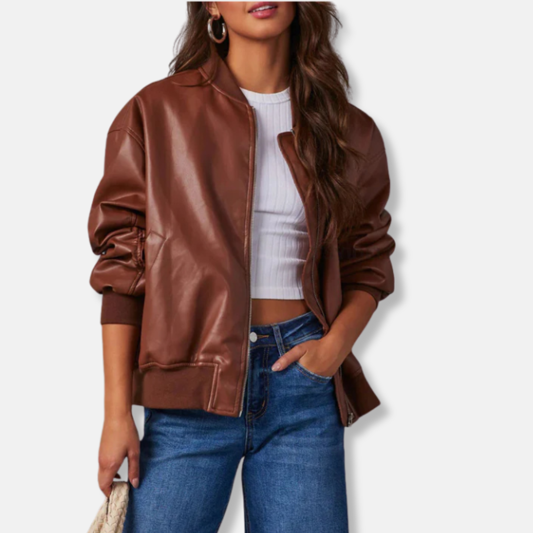 Women black oversized PU leather jacket relaxed fit full zip closure bold edgy silhouette