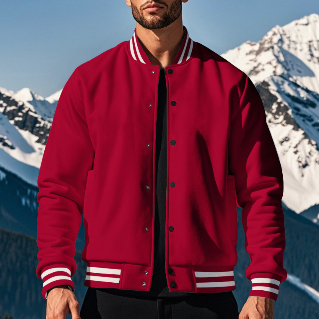 Men's black premium bomber jacket smooth dense fabric stand collar snap button closure