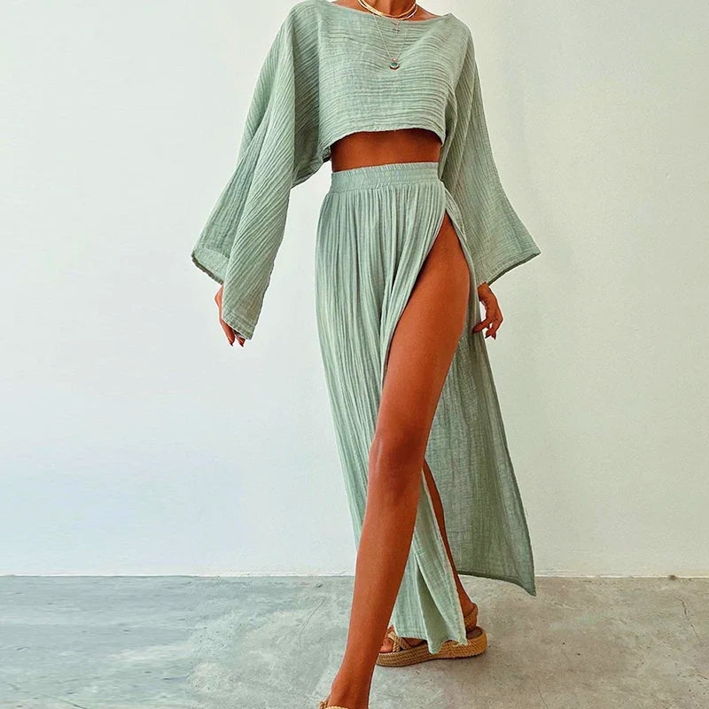 Montara natural linen two-piece set with cropped top and midi slit skirt relaxed summer fit