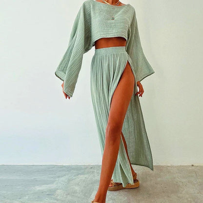 Montara natural linen two-piece set with cropped top and midi slit skirt relaxed summer fit