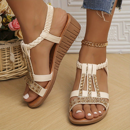 Women's rhinestone woven sandals with braided straps and shimmering crystal embellishments for glamorous summer style