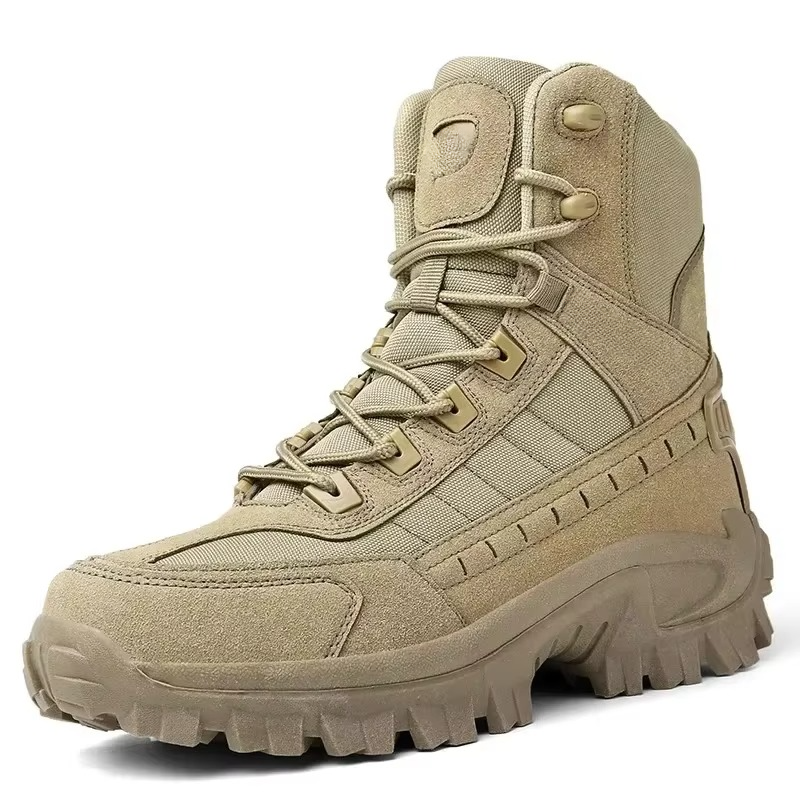 Men's desert tan combat tactical boots with ankle-height support, durable outdoor hiking and work safety footwear