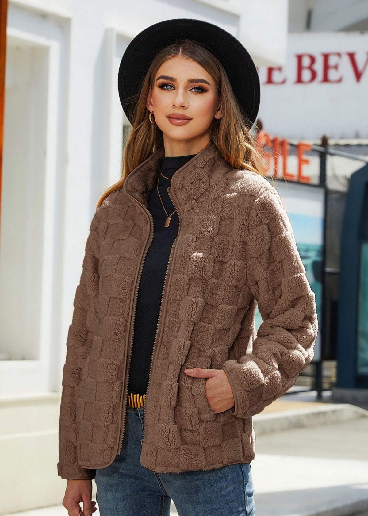 Women's cozy plaid fleece zip-front jacket with high collar for winter warmth everyday wear