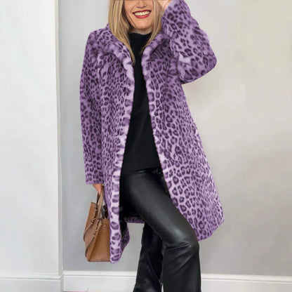 Unisex mid-length leopard print faux fur coat with soft plush texture and cozy stretch fit