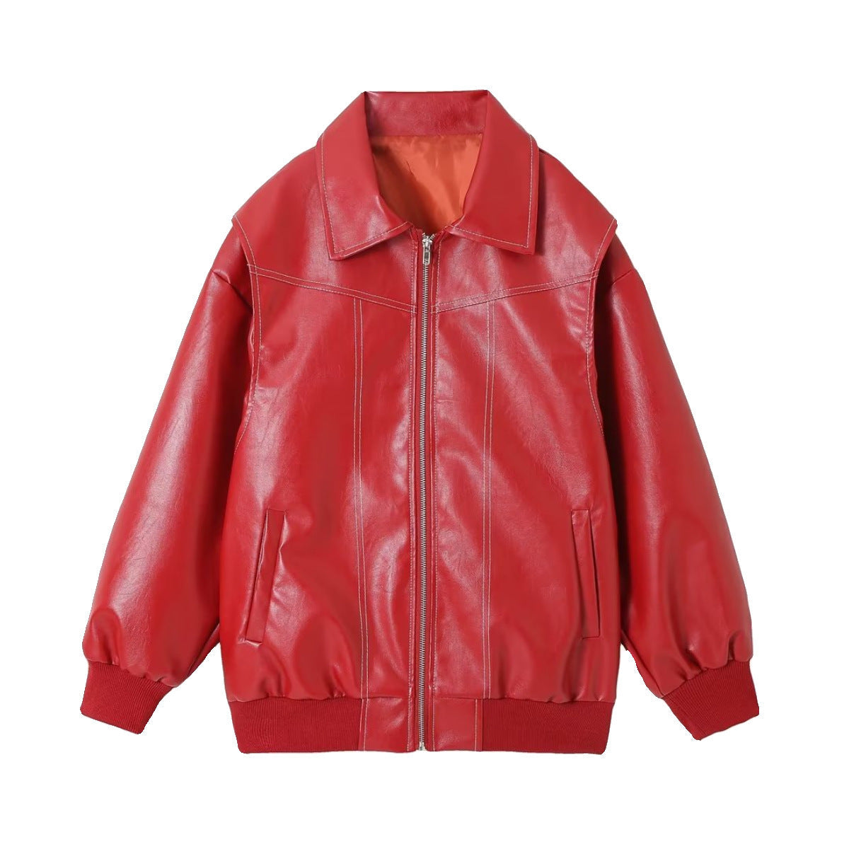 Women's black oversized faux leather moto jacket with zipper closure and modern comfort fit