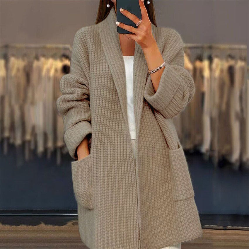 Winnie cozy knitted open-front cardigan sweater with pockets, relaxed fit soft fluffy texture