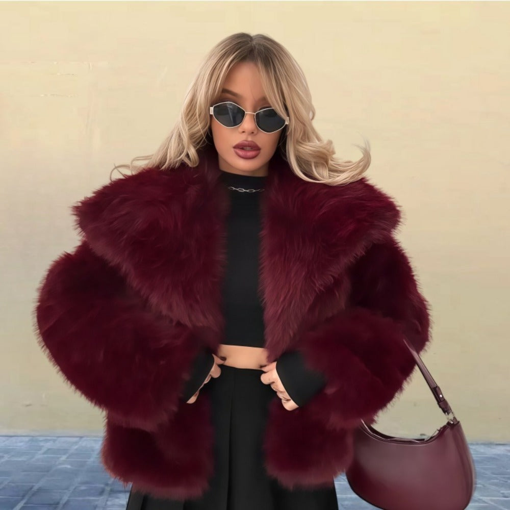 Women's ivory faux fur coat oversized collar high-pile plush texture luxe winter style