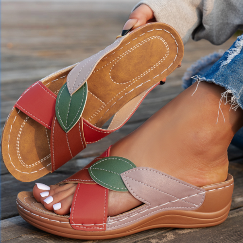 Women's white colorblock slip-on wedge sandals with red olive mauve leaf appliqué open toe