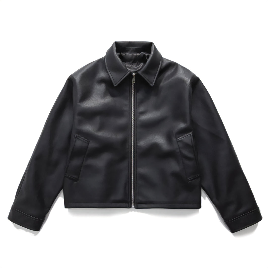 Black cropped vegan leather jacket with zip front, turn-down collar, and clean minimal tailoring