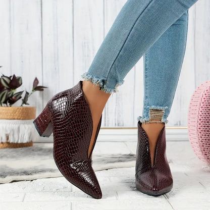 Women's reptile-textured ankle boots in exotic embossed finish, stylish everyday fashion-forward design