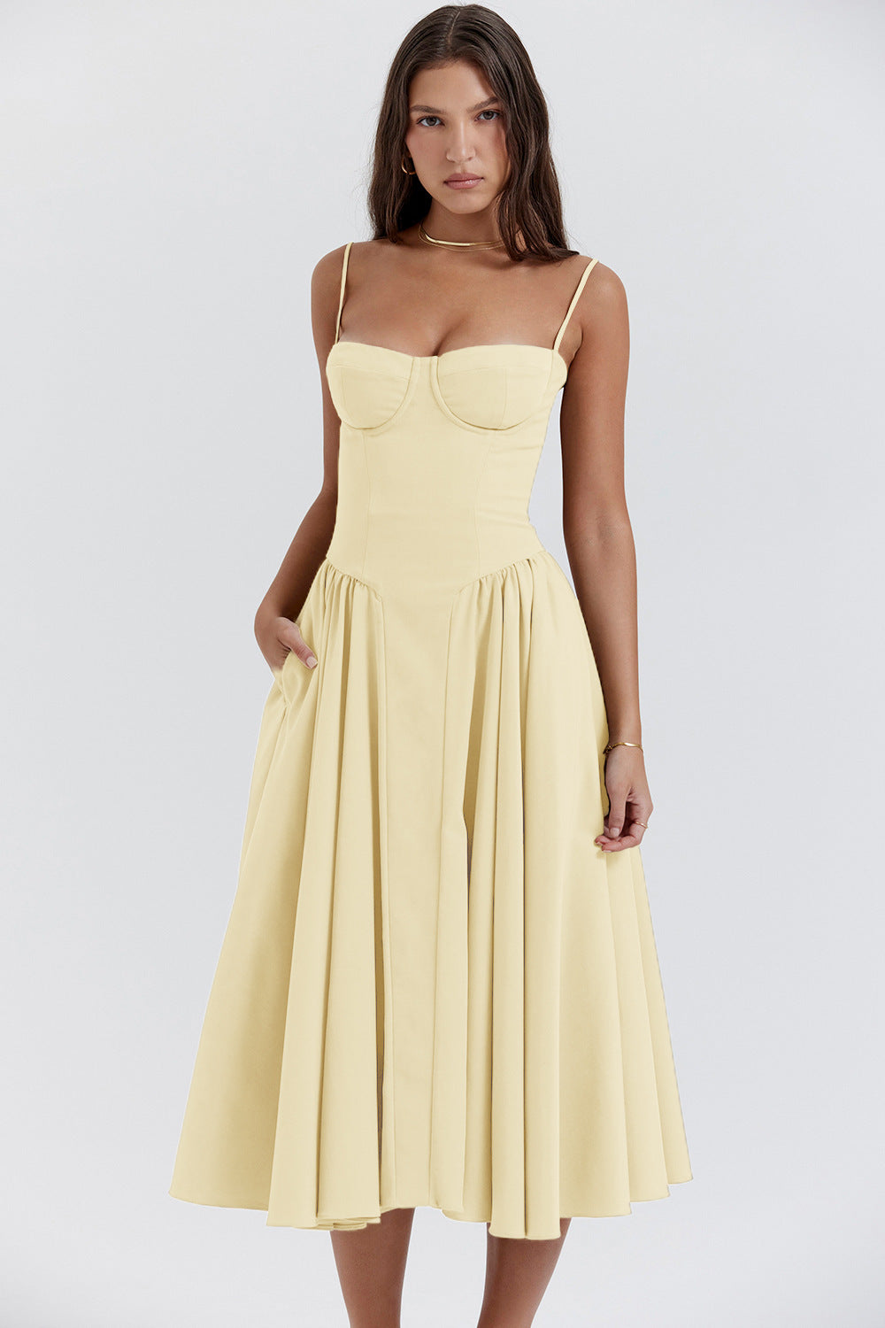 Wavlynn Natalie pleated midi dress with structured bodice, slim spaghetti straps, elegant spring style
