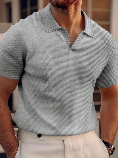 Men's ribbed knit polo shirt short sleeve V-neck cotton blend breathable everyday essential