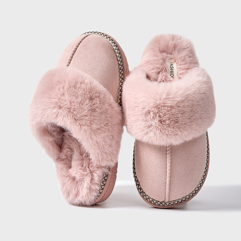 Women's fur-lined slip-on moccasin slippers in solid tones with plush interior and stitched detailing