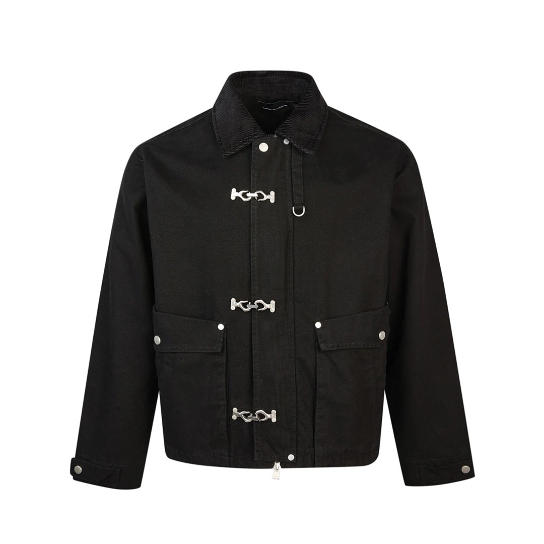 Beige cotton canvas jacket with corduroy collar and silver hook-and-loop front closures