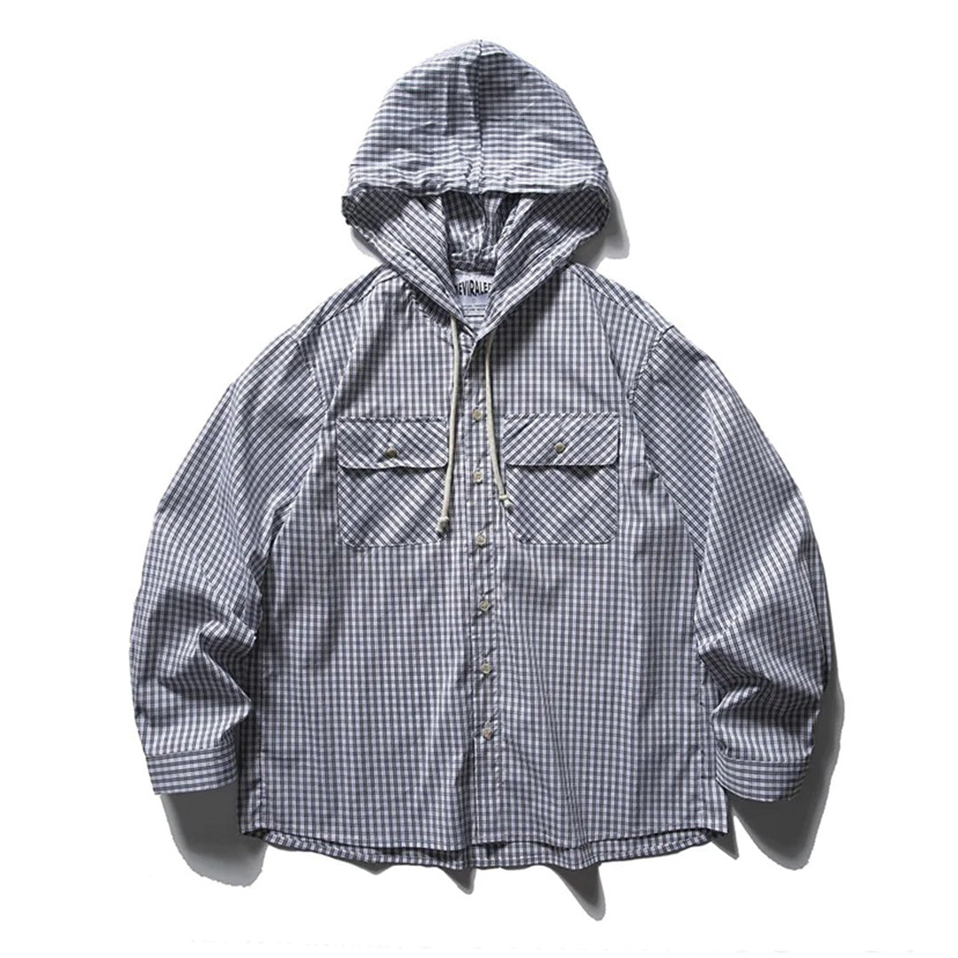 Relaxed plaid cotton overshirt hoodie with dual flap chest cargo pockets and button closure
