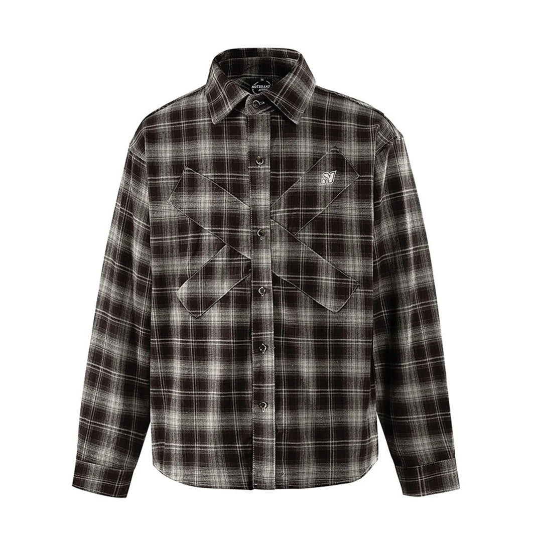 Relaxed-fit cotton flannel check shirt with structured cross overlay chest panels and turn-down collar