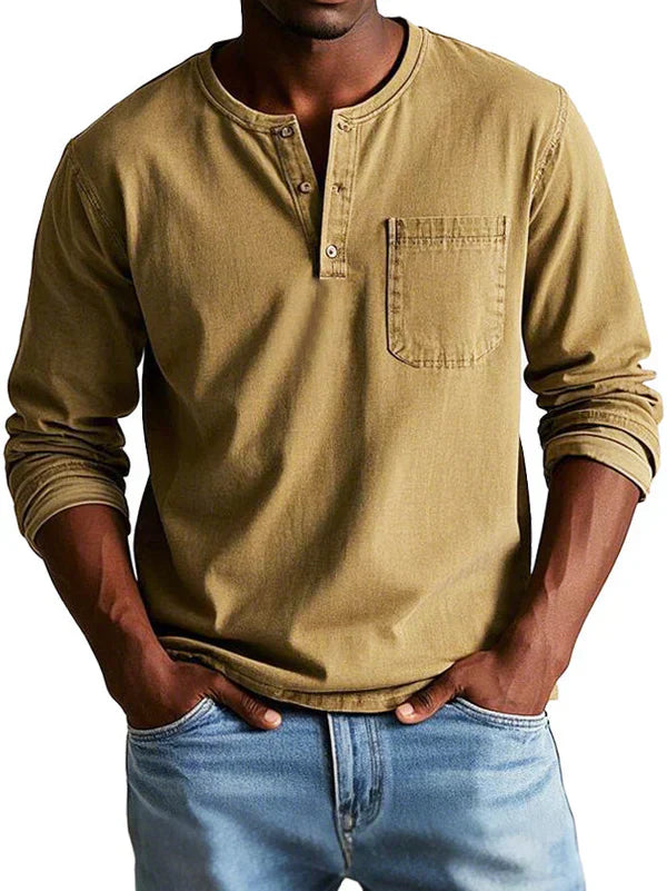 Men's classic indigo Henley shirt long sleeve 3-button placket relaxed casual everyday fit