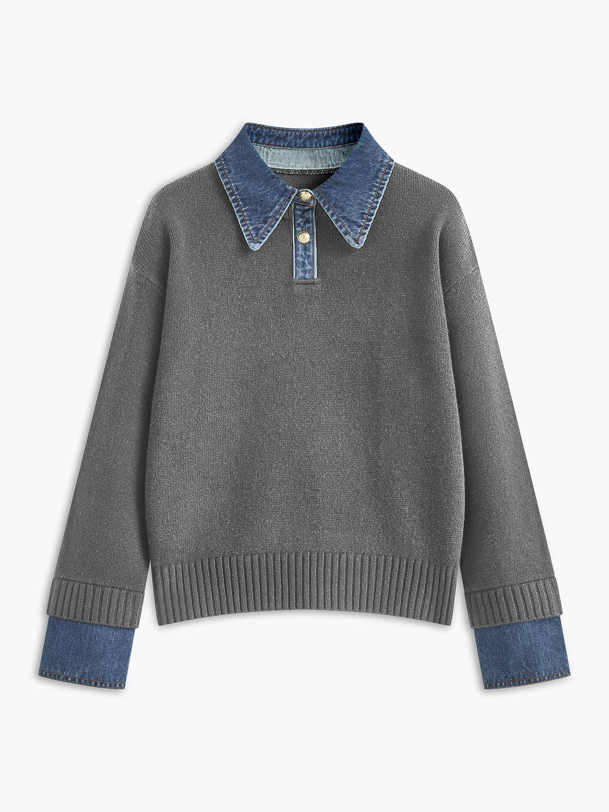 2-in-1 panel lapel knit sweater with metal buttons, casual elegant shift fit