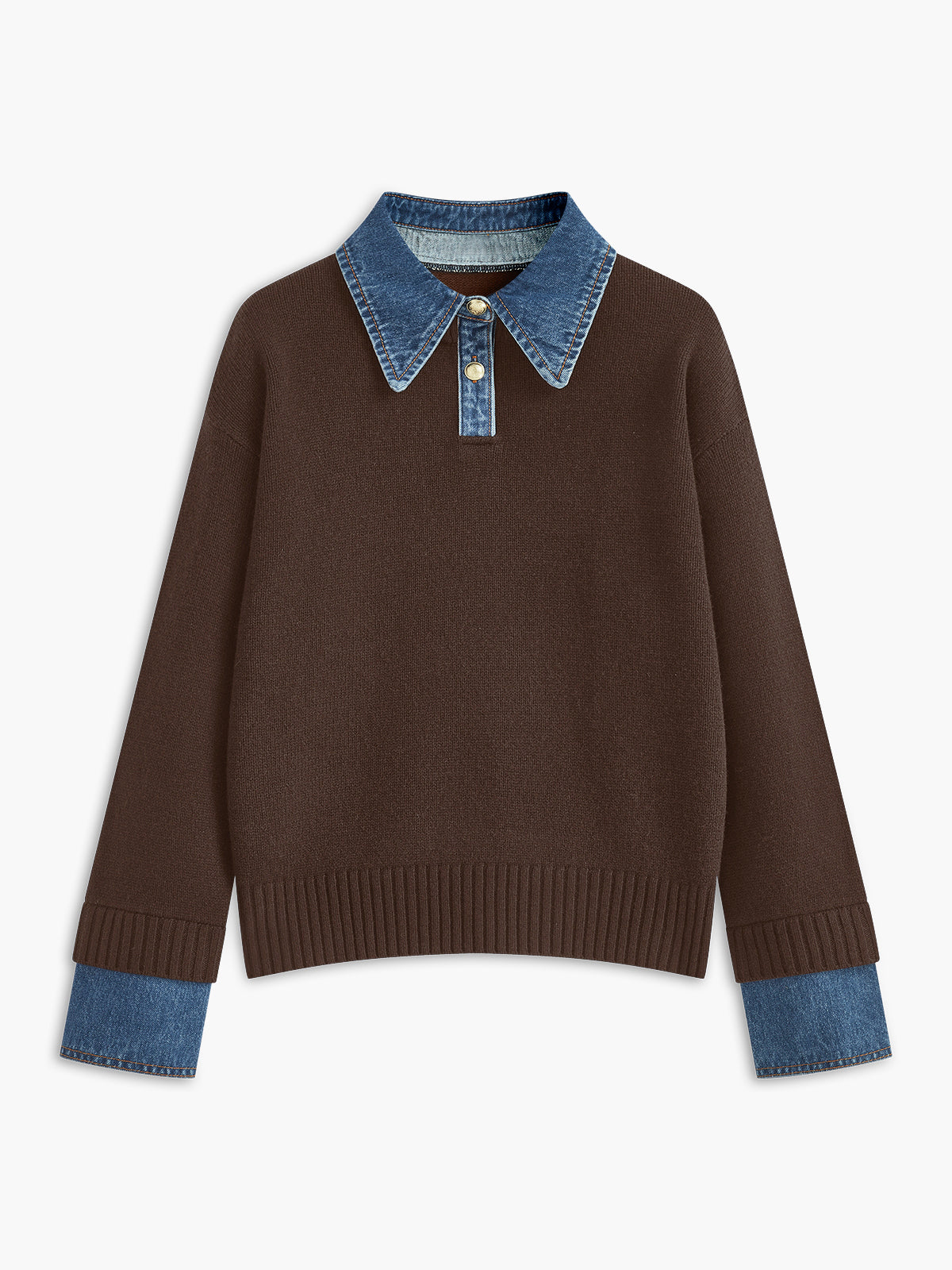 2-in-1 knit lapel sweater with metal button panel detail in casual elegant shift fit