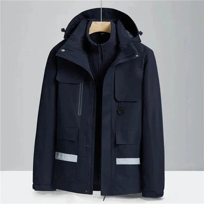 Navy blue 2-in-1 waterproof winter jacket with adjustable hood, windproof shell and insulating inner sweater