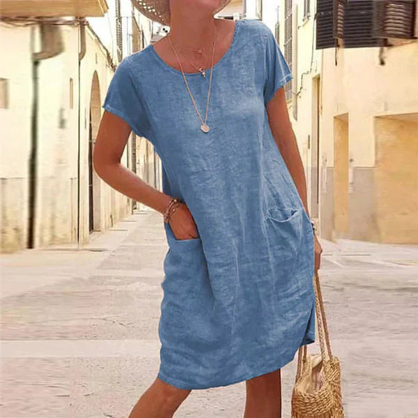 Women's flowy draped midi dress with tummy control ruching in elegant silhouette-enhancing design