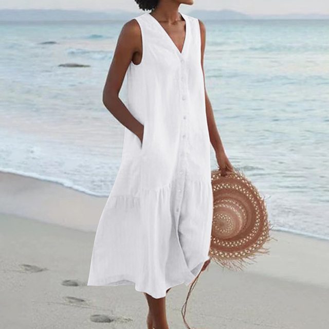 Sleeveless buttoned midi dress with slimming silhouette and chic front button detail for effortless style