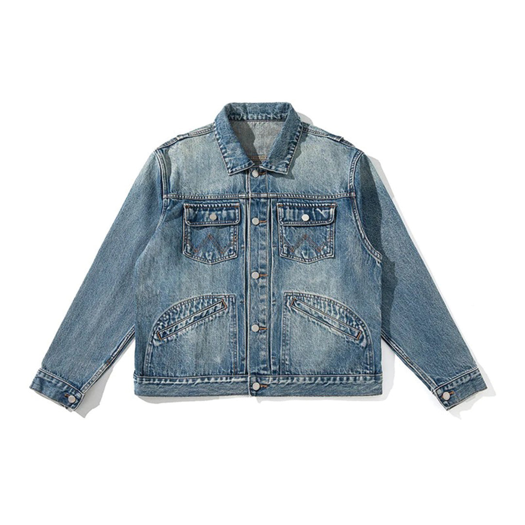 Washed distressed padded denim jacket relaxed fit with contrast stitching and custom metal buttons