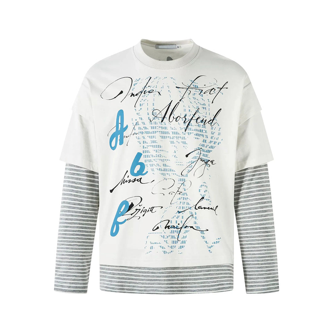 White long-sleeve double-layer regular fit tee with cursive script front graphic print
