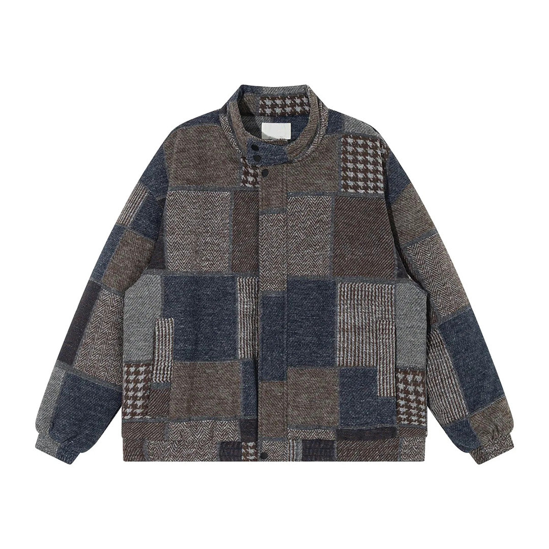 Muted check textured cotton jacket with ribbed trim, relaxed fit, and full-zip closure