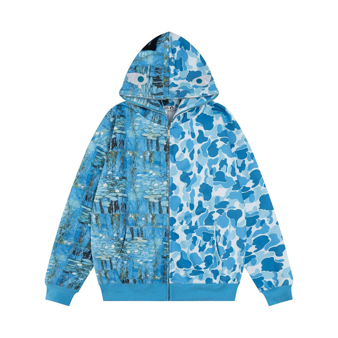 Dual Vision relaxed-fit hoodie in camo split-body design with mirrored eye graphics on hood