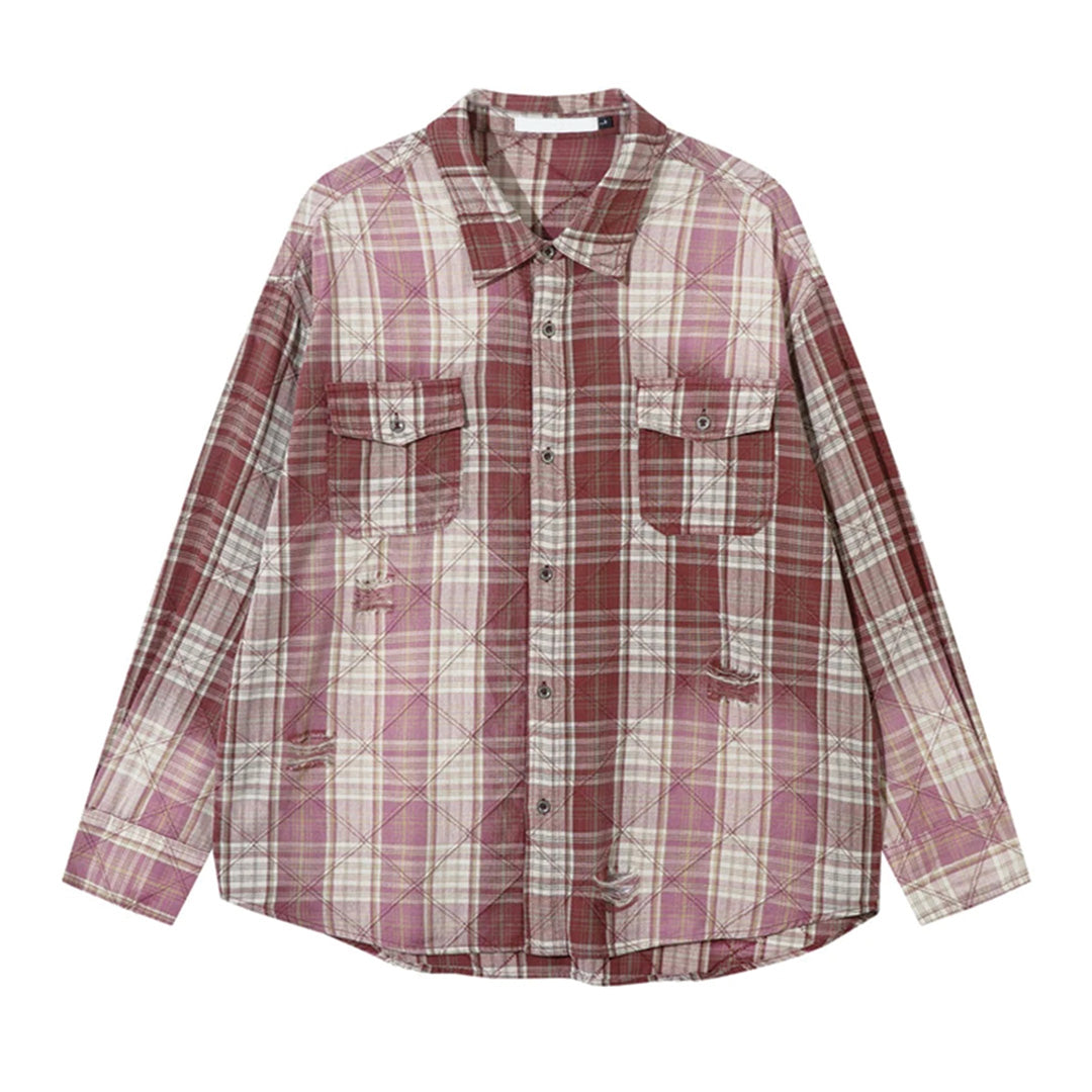 Distressed plaid cotton shirt regular fit with hand-worn tears, fading, and dual chest pockets