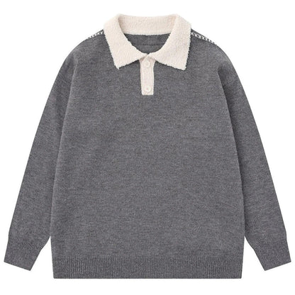 Relaxed-fit wool-blend sweater with contrast cream textured collar and button placket