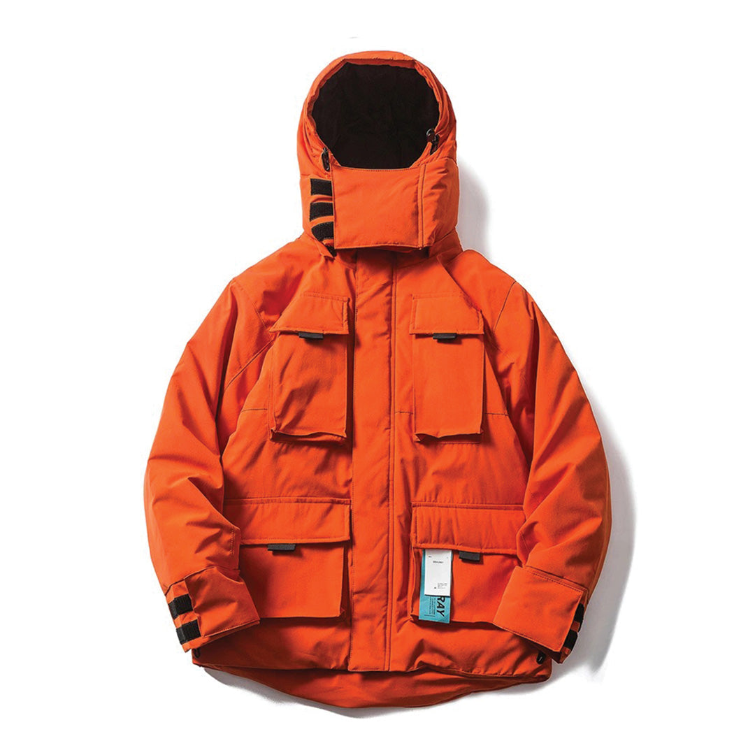 Black relaxed-fit hooded system parka with structured four-pocket layout and detachable hood