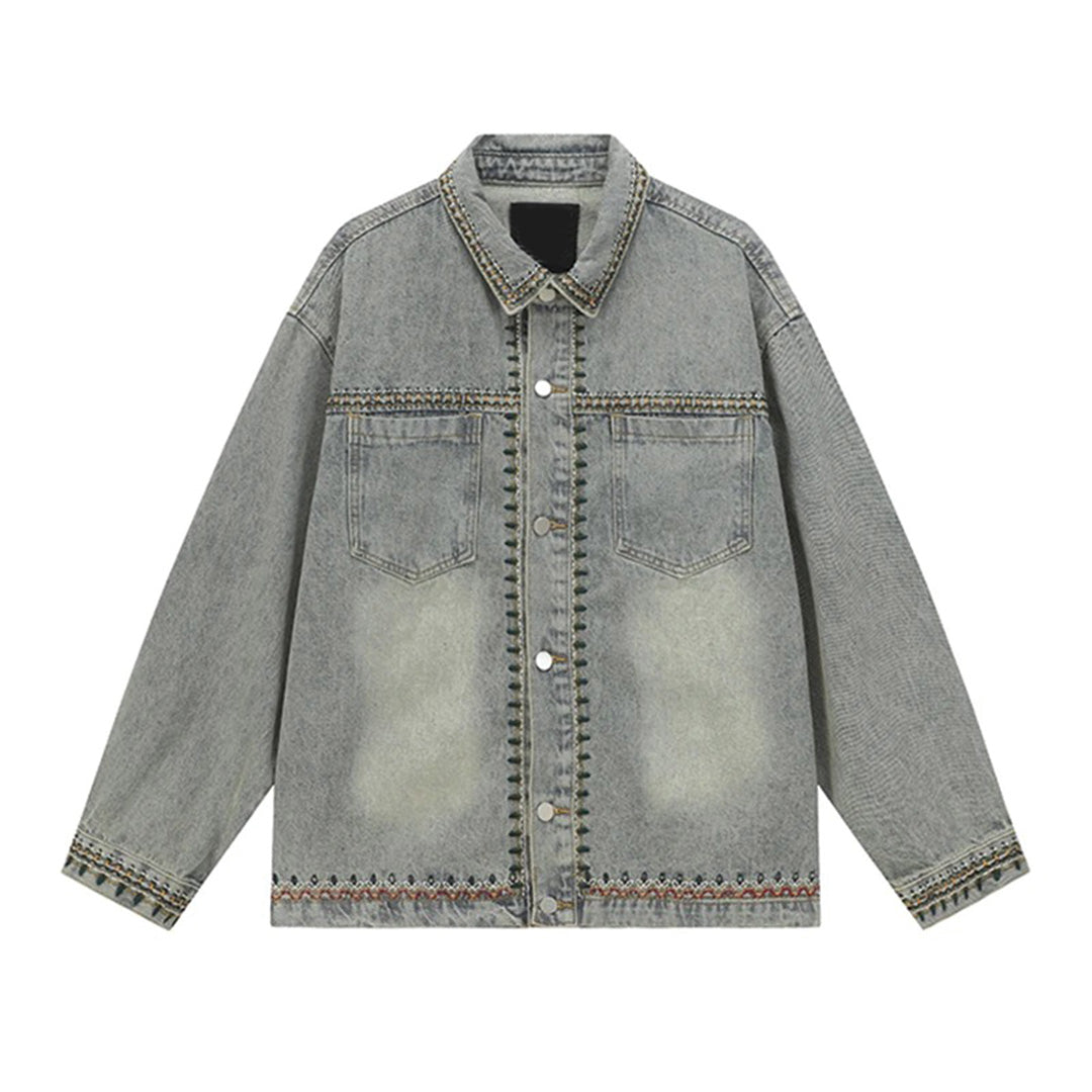 Blue heavyweight denim shirt regular fit with cashew print motif and contrast pocket detail
