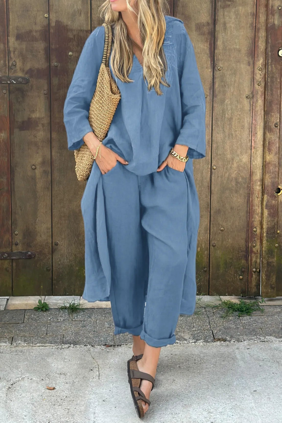 Women's chic two-piece set in soft tones, relaxed comfortable cut with effortless ready-to-wear design