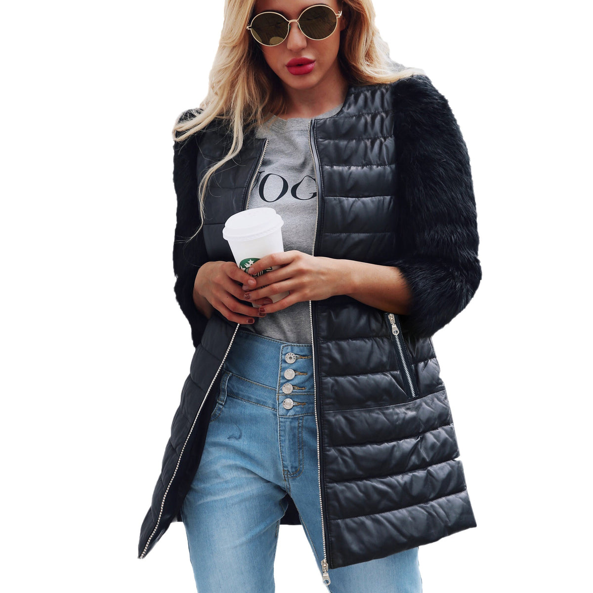 Women's long black faux leather coat with faux fur sleeves, chic winter jacket full coverage