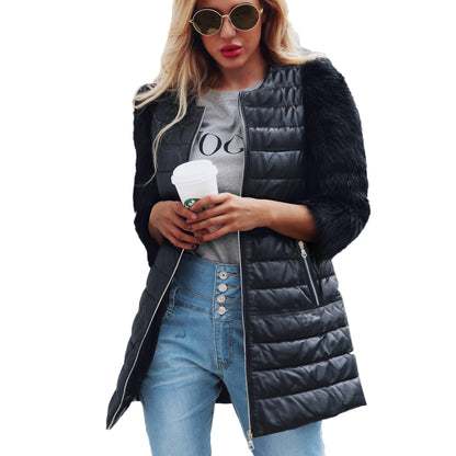 Women's long black faux leather coat with faux fur sleeves, chic winter jacket full coverage
