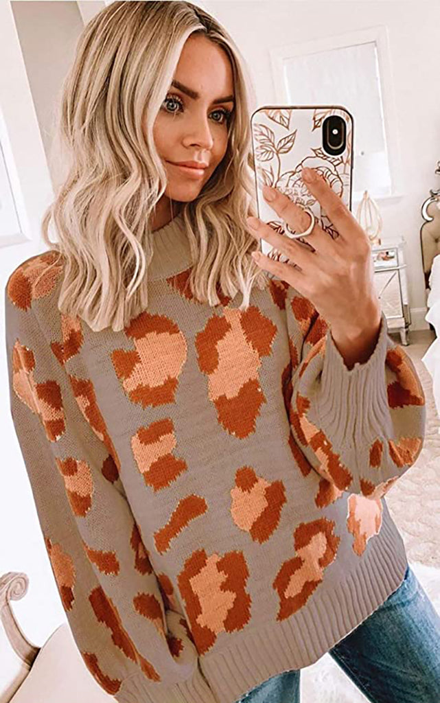 Women's oversized leopard print wool blend crew neck knit sweater with cozy relaxed silhouette