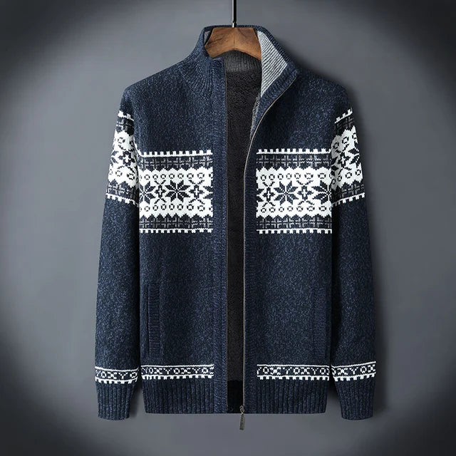 Men's wool full-zip cardigan Fair Isle jacquard pattern Sherpa lined stand-up collar winter sweater