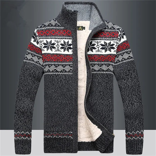 Men's wool full-zip cardigan Fair Isle jacquard stand-up collar Sherpa lined winter sweater