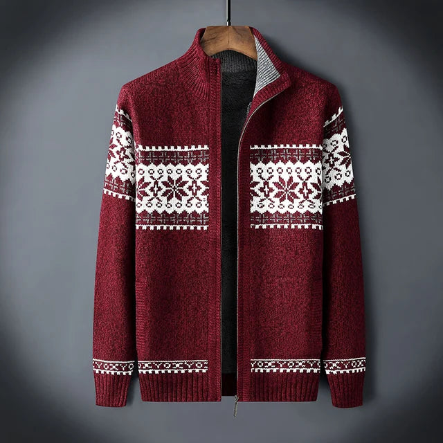 Men's wool full-zip cardigan Fair Isle jacquard pattern Sherpa lined stand-up collar winter sweater