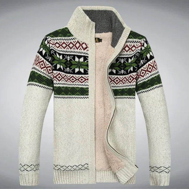 Men's wool full-zip cardigan Fair Isle jacquard pattern Sherpa lined stand-up collar winter sweater