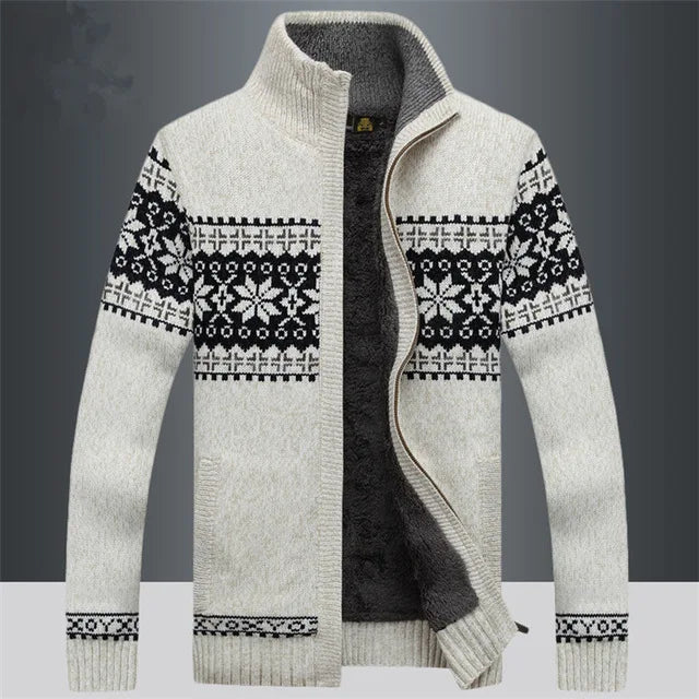 Men's wool full-zip cardigan Fair Isle jacquard stand-up collar Sherpa lined winter sweater