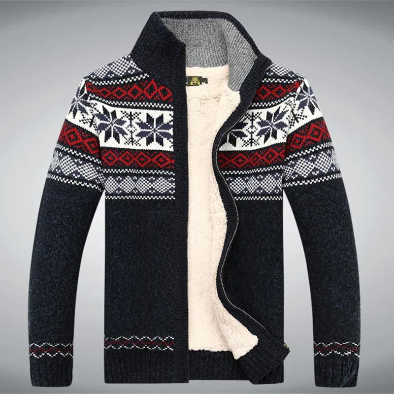 Men's wool full-zip cardigan sherpa lined Fair Isle jacquard stand-up collar winter sweater