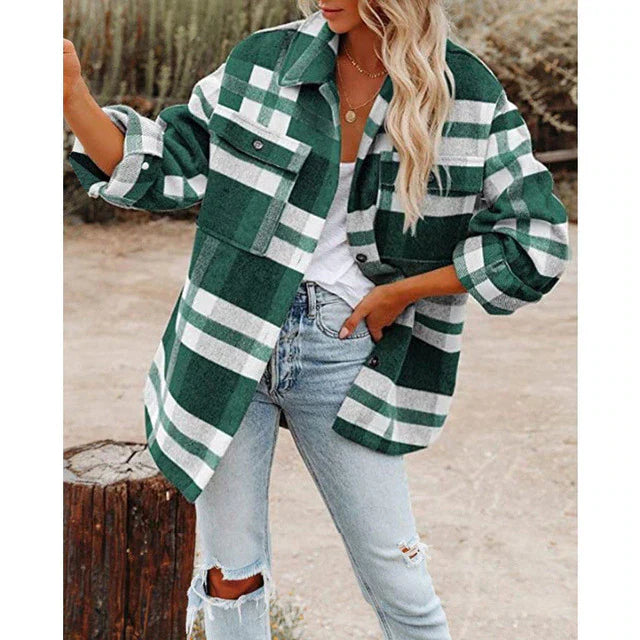 Women wool blend plaid jacket oversized fit with button front and chest pockets, casual chic layer