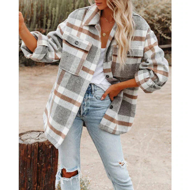 Women wool blend plaid jacket oversized fit with button front and functional chest pockets