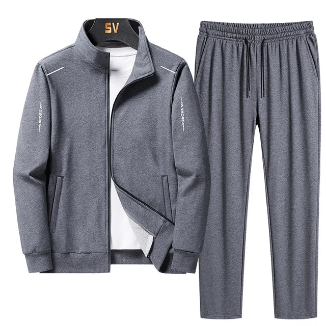 Men's lightweight two-piece tracksuit set with zip-up jacket and jogger pants in minimalist urban style