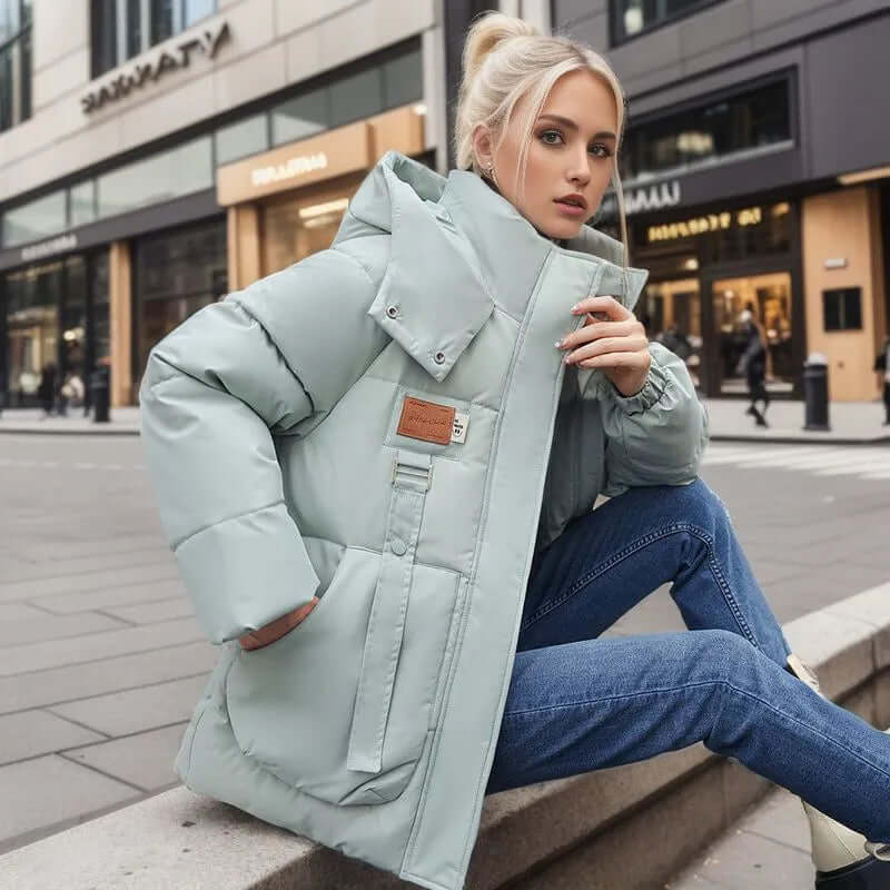 Women's quilted insulated mid-length jacket oversized boxy fit with detachable hood cozy modern silhouette