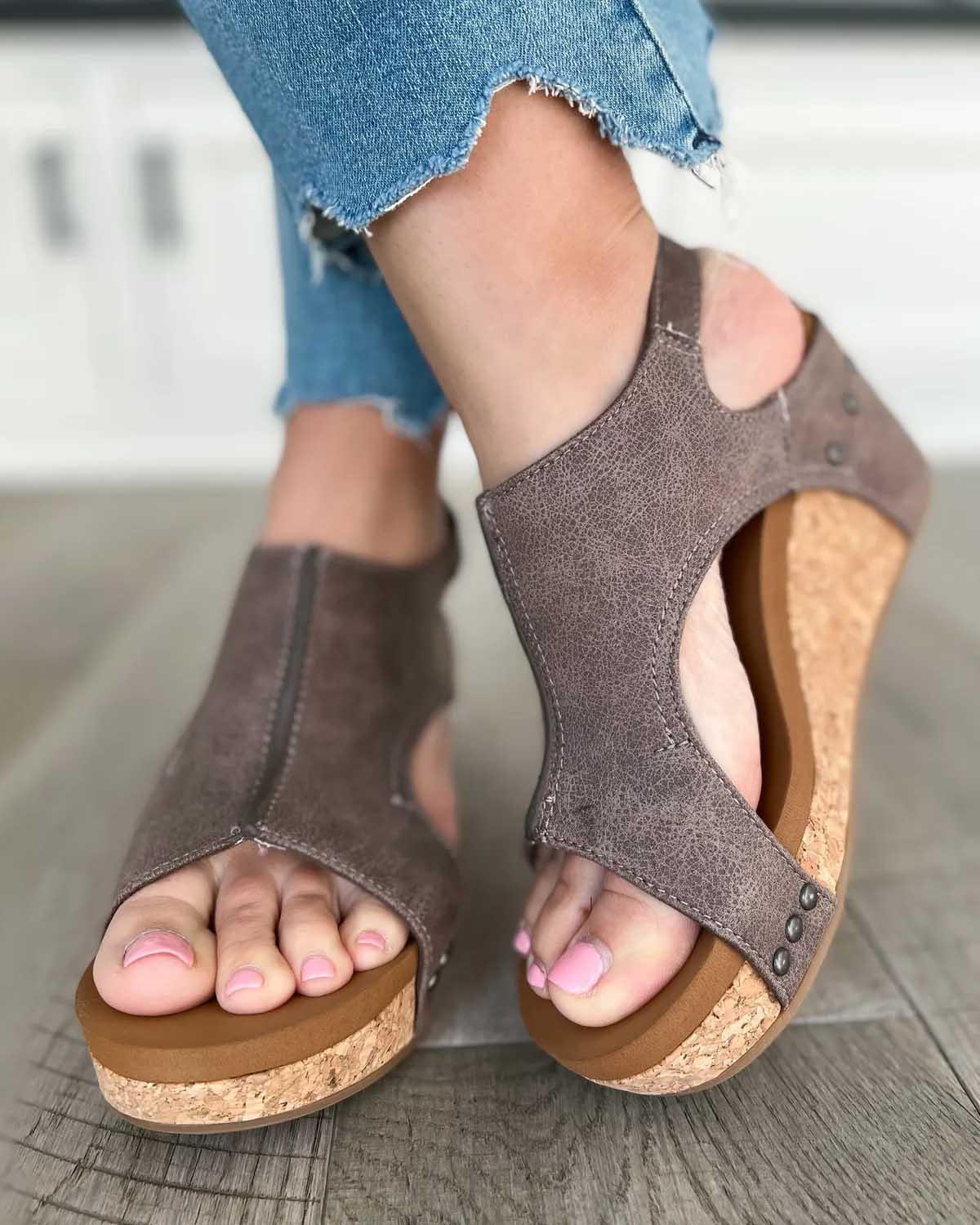Madeline vegan leather wedge sandals with cork heel, polished cruelty-free style for women